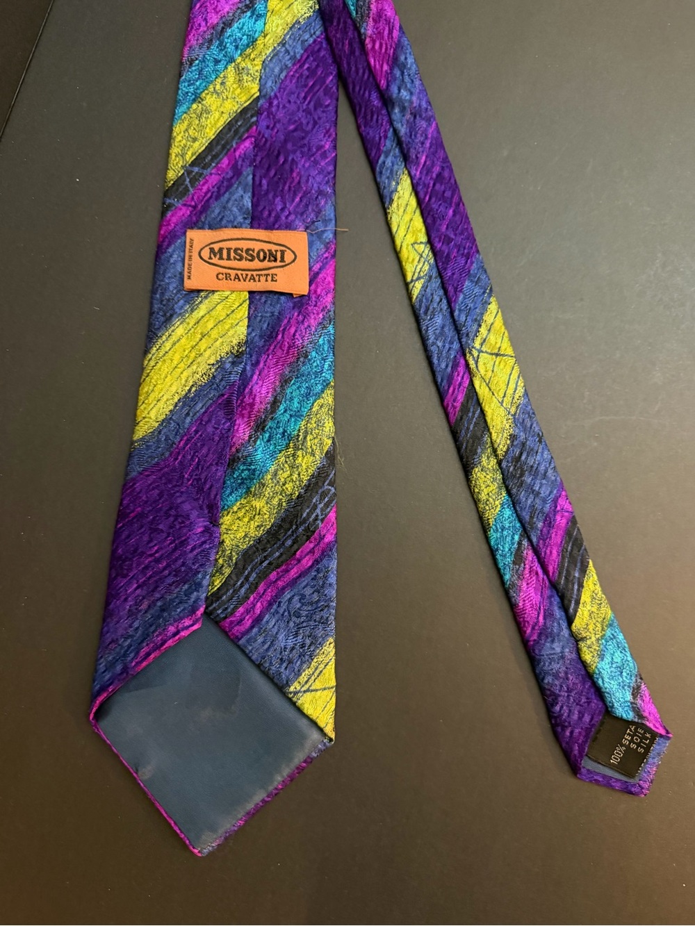 80’s vintage MISSONI Men's Silk Wide Tie Purple Blue Yellow Pink Black Striped